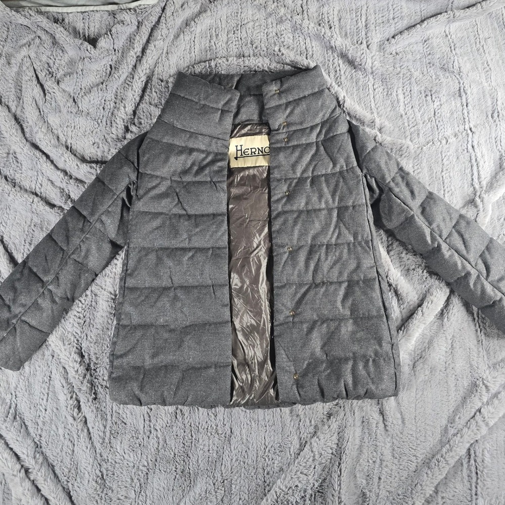 RARE Herno Womens Quilted Down Puffer Jacket Metallic Gray In-Tech Padding Sz 38
